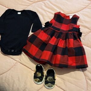 Carter’ Red and Black Plaid Dress with Black Onesie and gold Shoes 3 Months